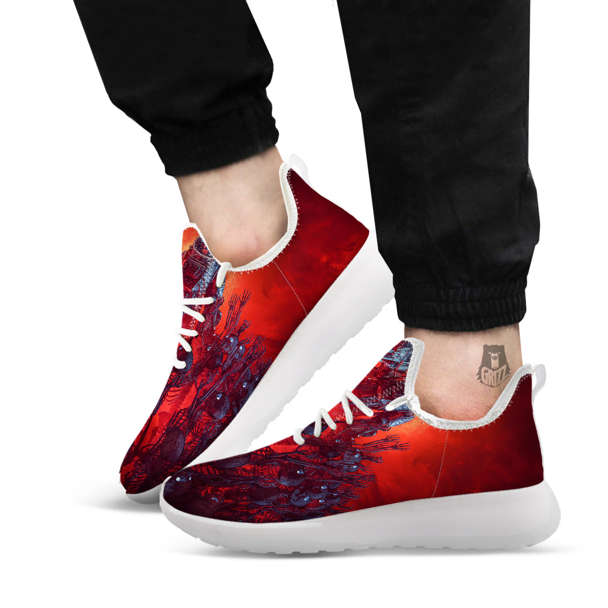 Red Robot And Skeleton Troop Print White Athletic Shoes-grizzshop