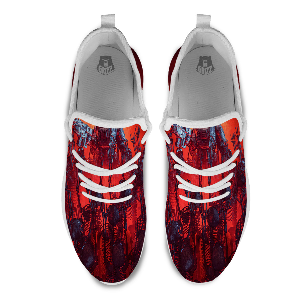 Red Robot And Skeleton Troop Print White Athletic Shoes-grizzshop