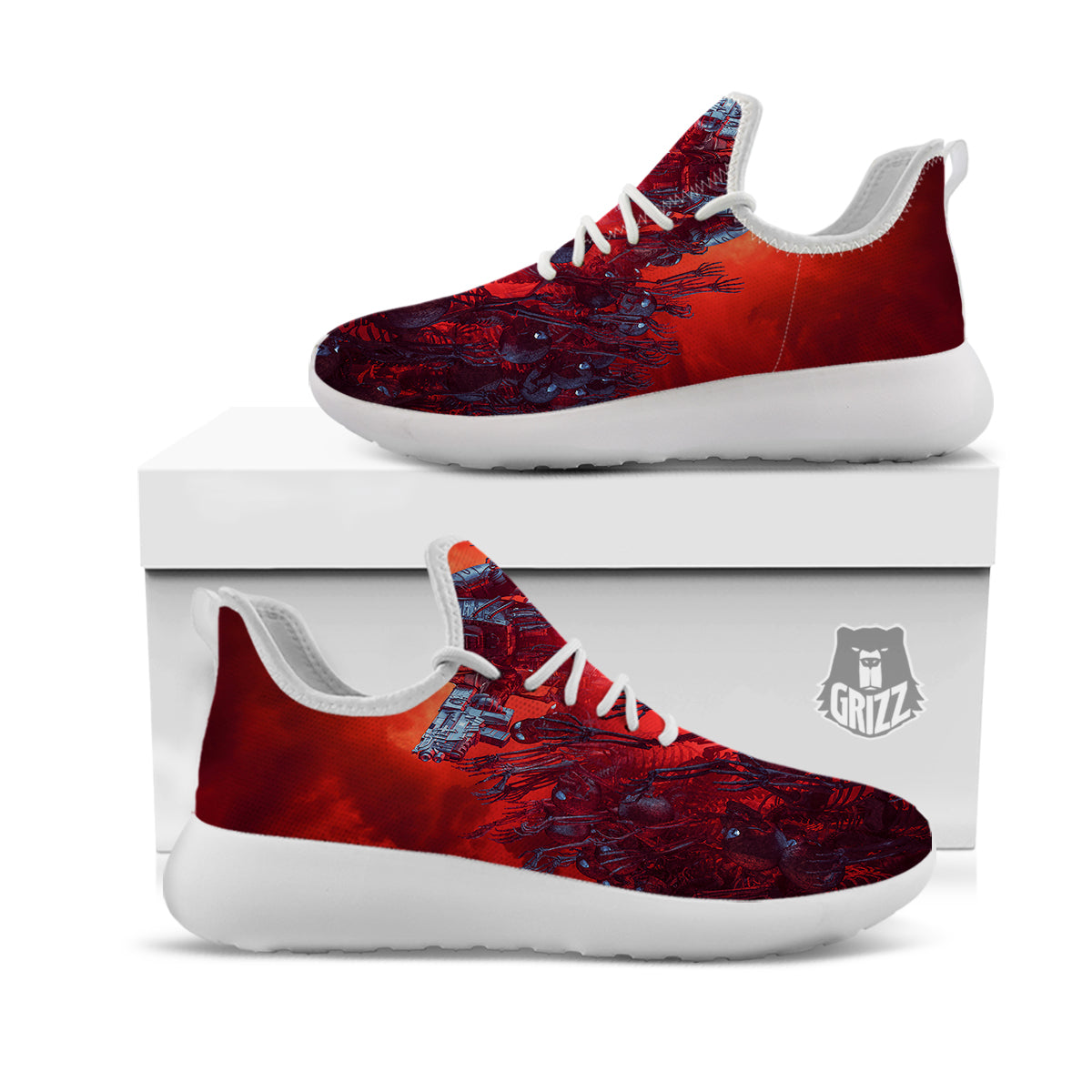 Red Robot And Skeleton Troop Print White Athletic Shoes-grizzshop