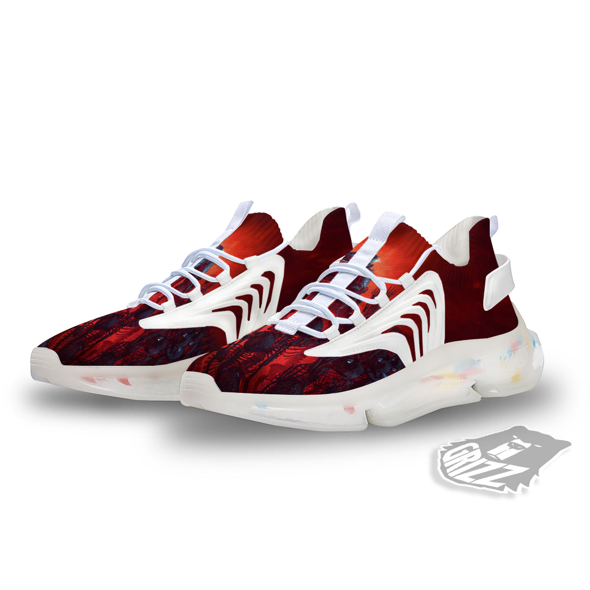 Red Robot And Skeleton Troop Print White Gym Shoes-grizzshop