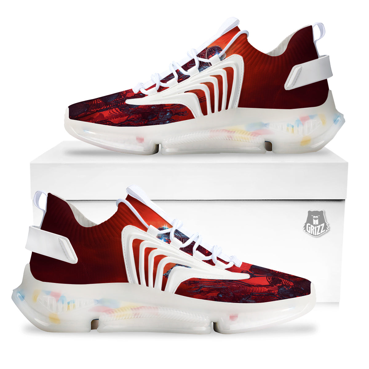 Red Robot And Skeleton Troop Print White Gym Shoes-grizzshop