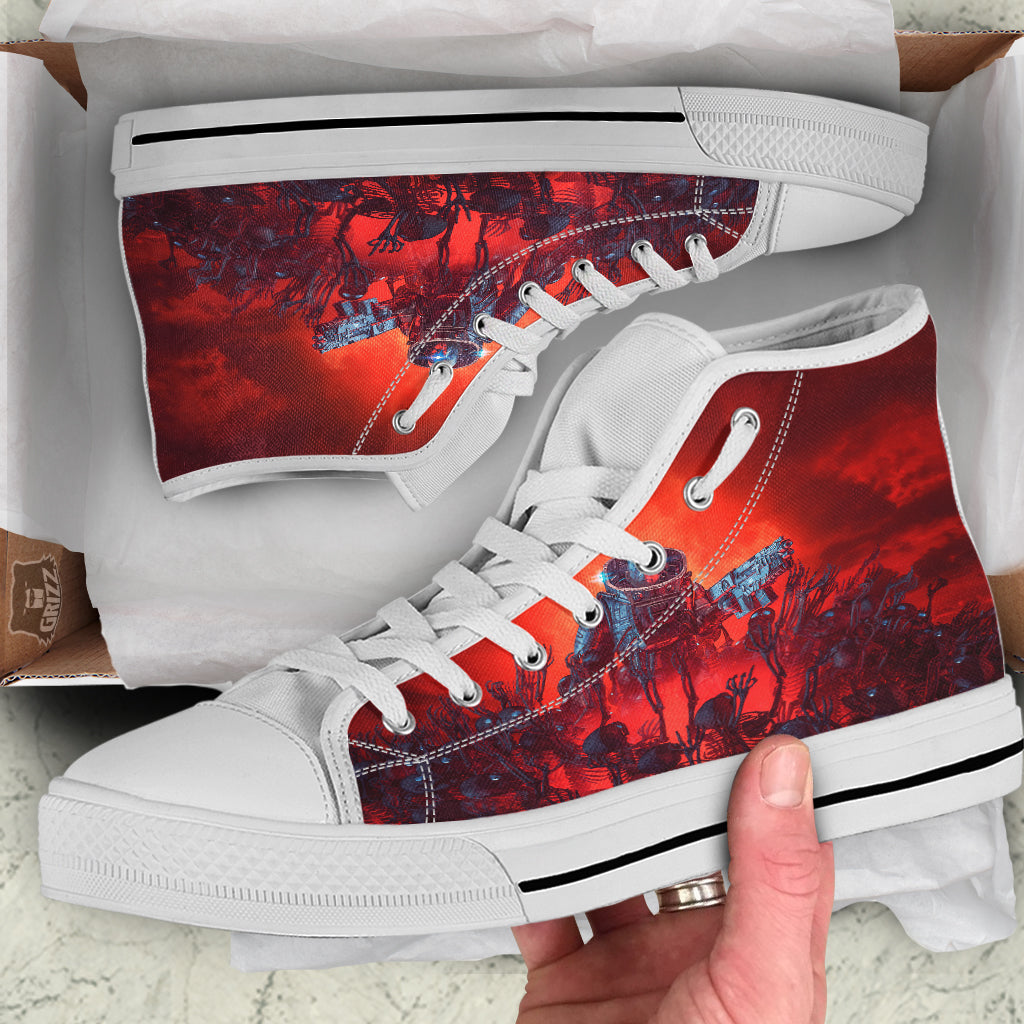 Red Robot And Skeleton Troop Print White High Top Shoes-grizzshop