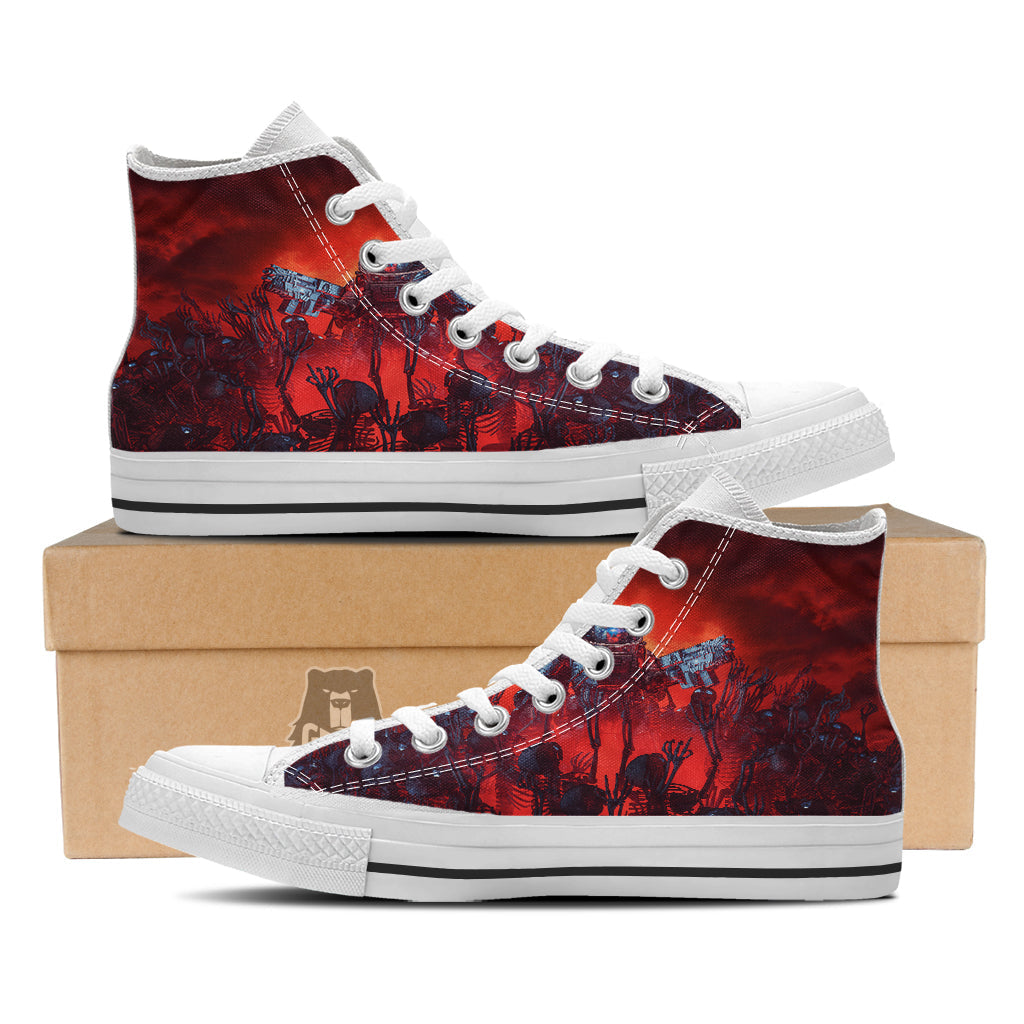 Red Robot And Skeleton Troop Print White High Top Shoes-grizzshop