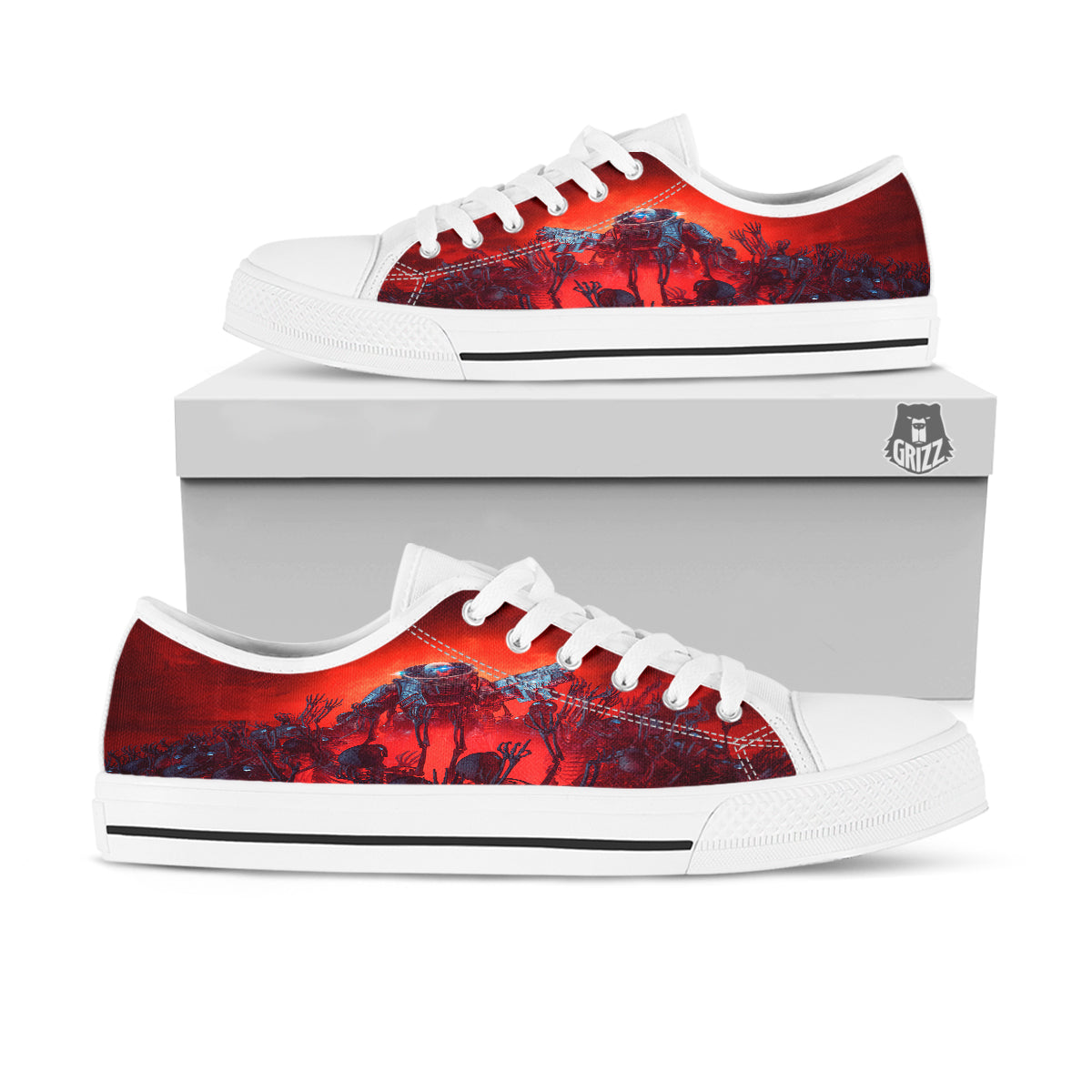 Red Robot And Skeleton Troop Print White Low Top Shoes-grizzshop