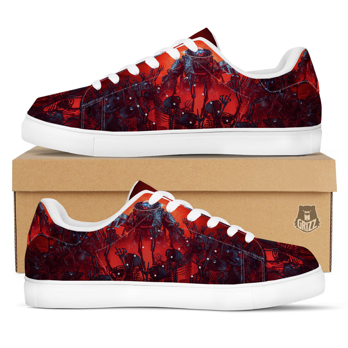 Red Robot And Skeleton Troop Print White Low Top Sneakers-grizzshop