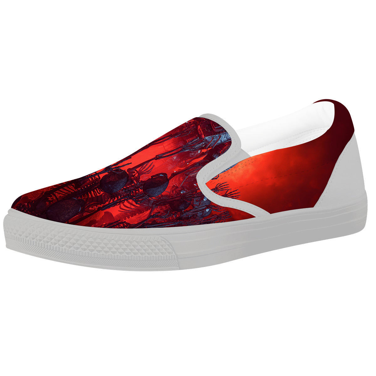 Red Robot And Skeleton Troop Print White Slip On Shoes-grizzshop