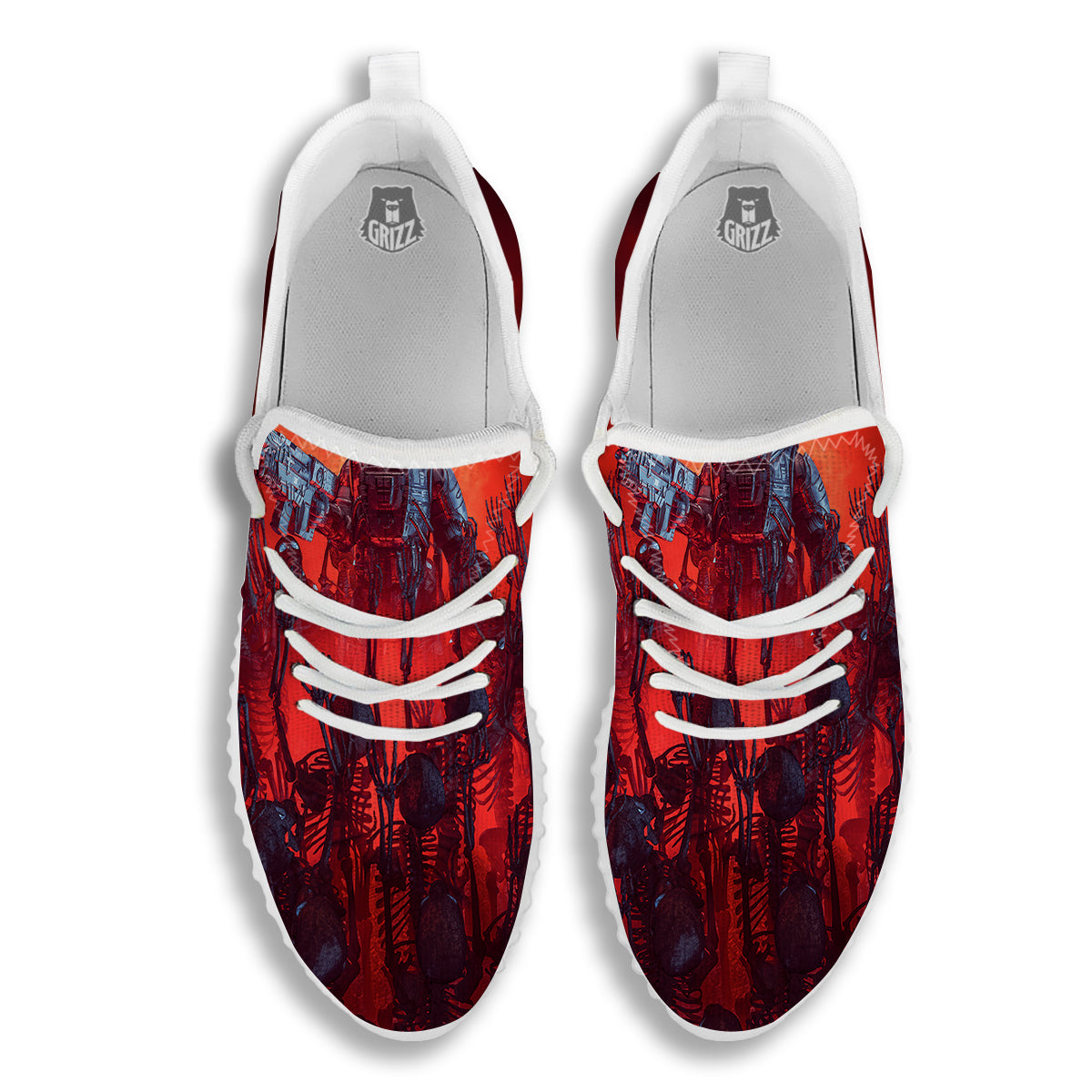 Red Robot And Skeleton Troop Print White Walking Shoes-grizzshop
