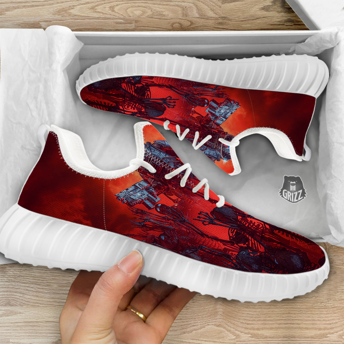 Red Robot And Skeleton Troop Print White Walking Shoes-grizzshop