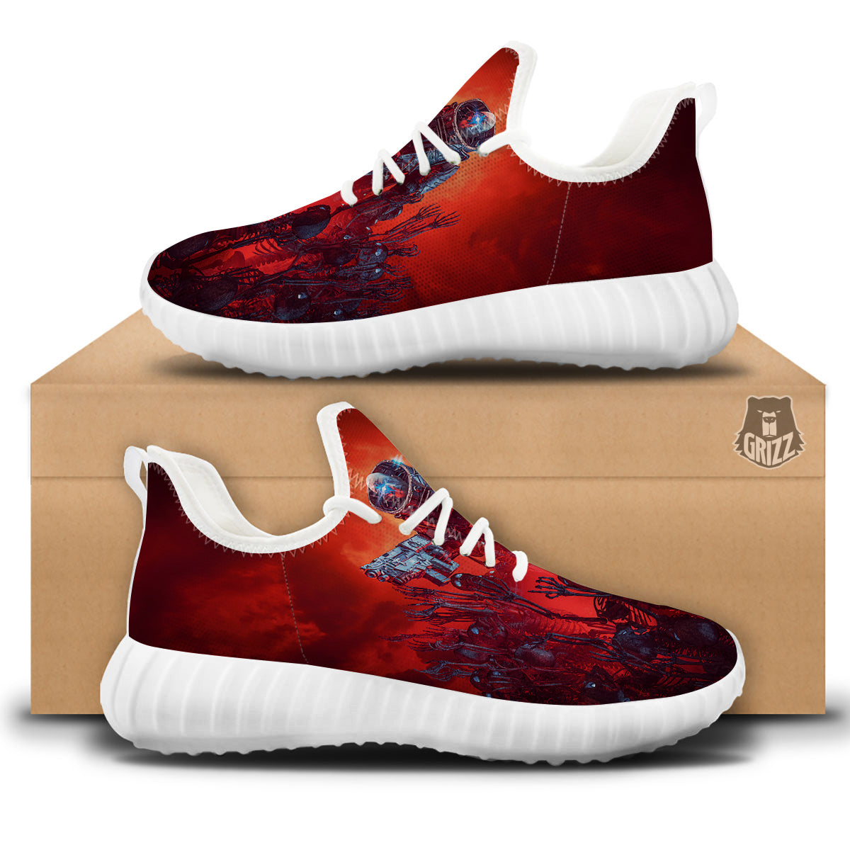 Red Robot And Skeleton Troop Print White Walking Shoes-grizzshop