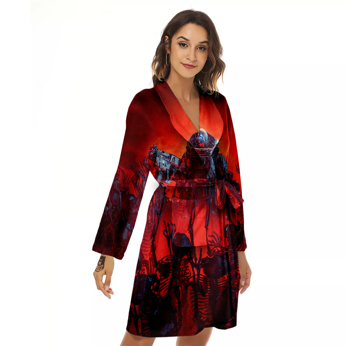 Red Robot And Skeleton Troop Print Women's Robe-grizzshop