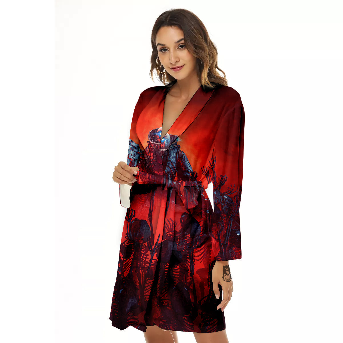 Red Robot And Skeleton Troop Print Women's Robe-grizzshop