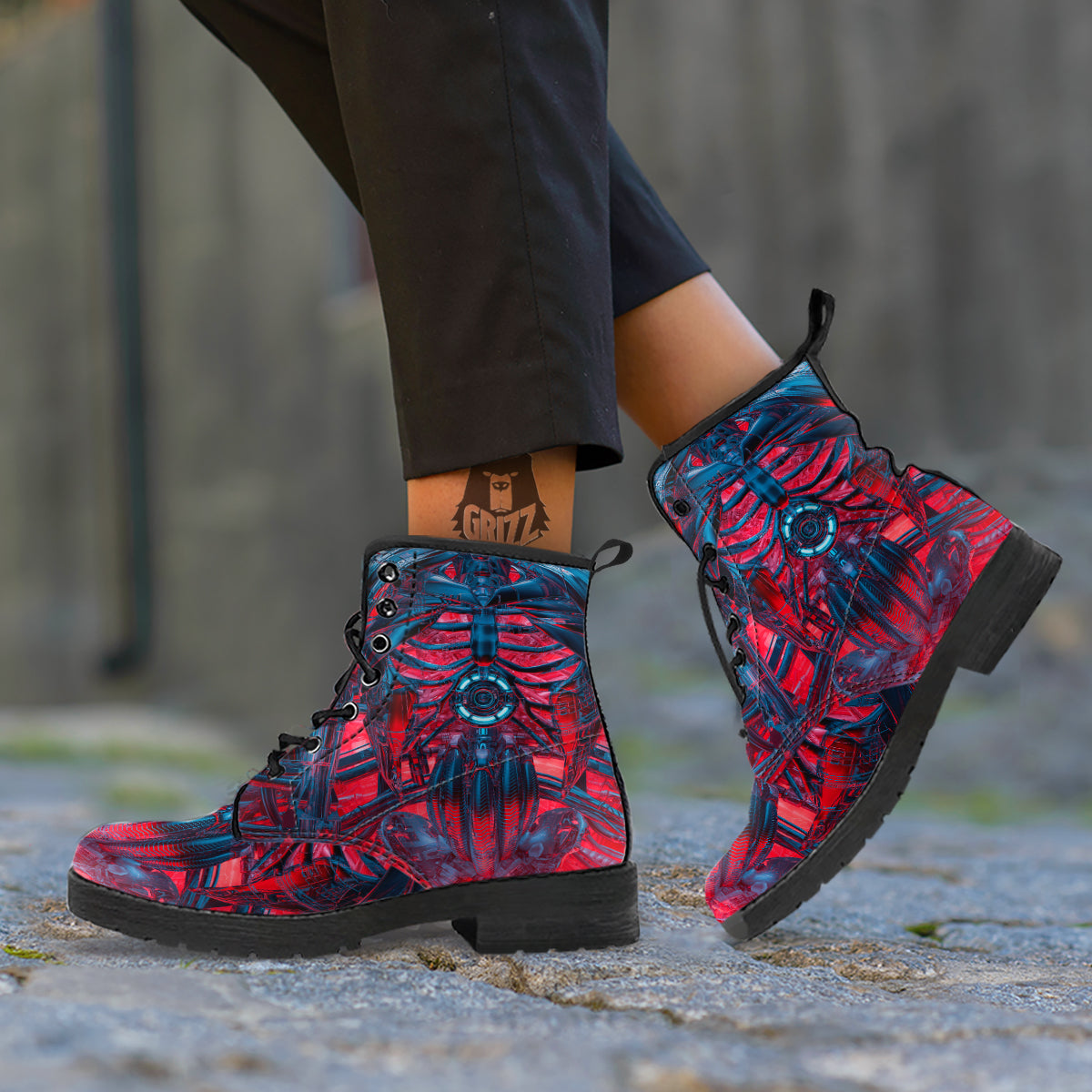 Red Robot Cyberpunk Print Leather Boots-grizzshop