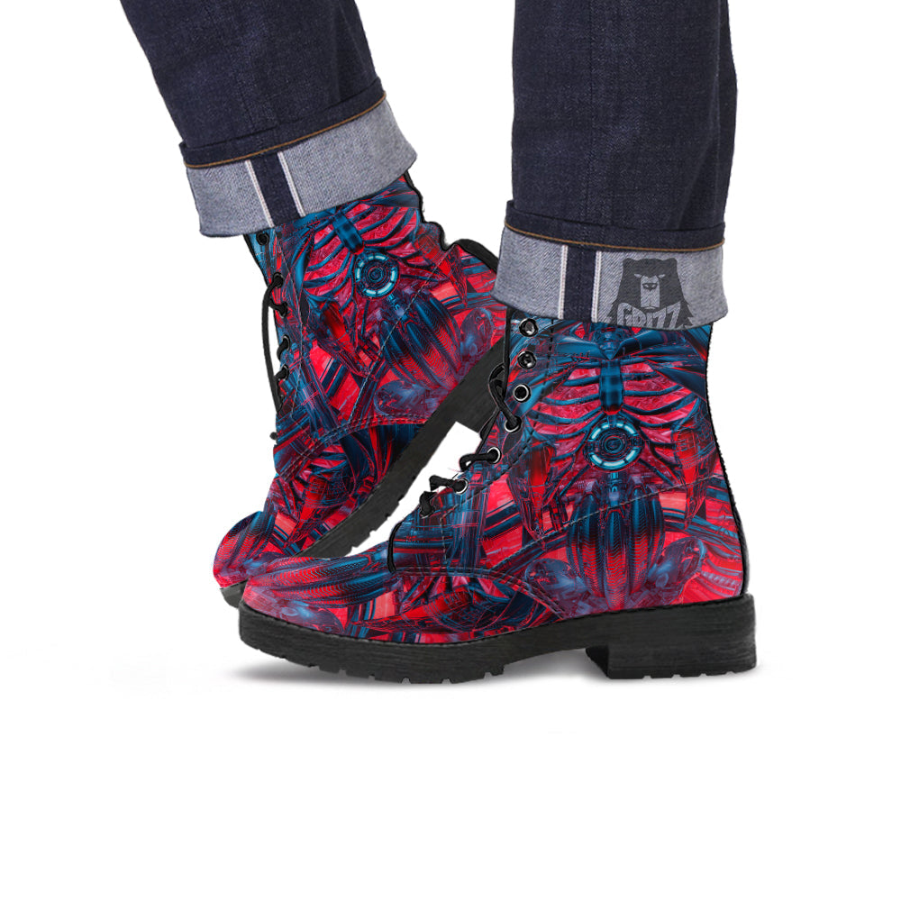 Red Robot Cyberpunk Print Leather Boots-grizzshop