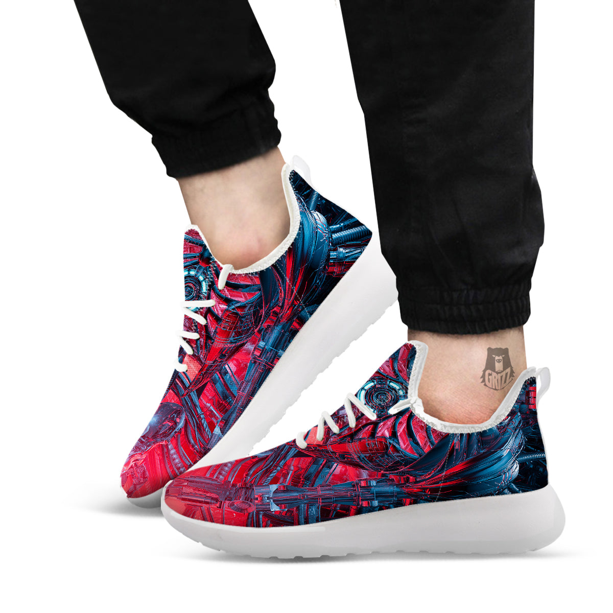 Red Robot Cyberpunk Print White Athletic Shoes-grizzshop