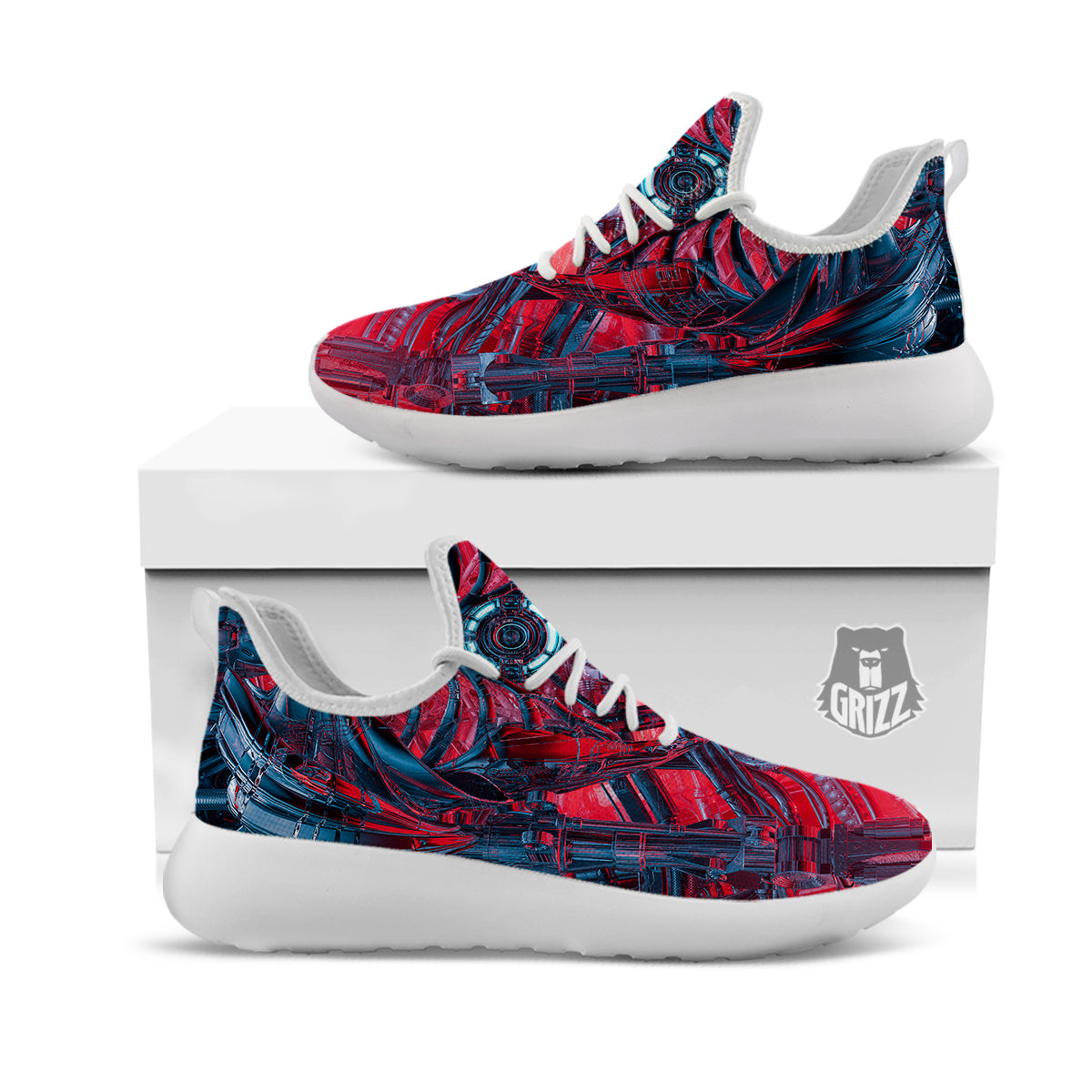Red Robot Cyberpunk Print White Athletic Shoes-grizzshop