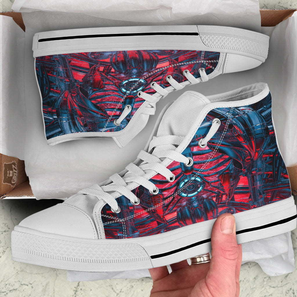 Red Robot Cyberpunk Print White High Top Shoes-grizzshop
