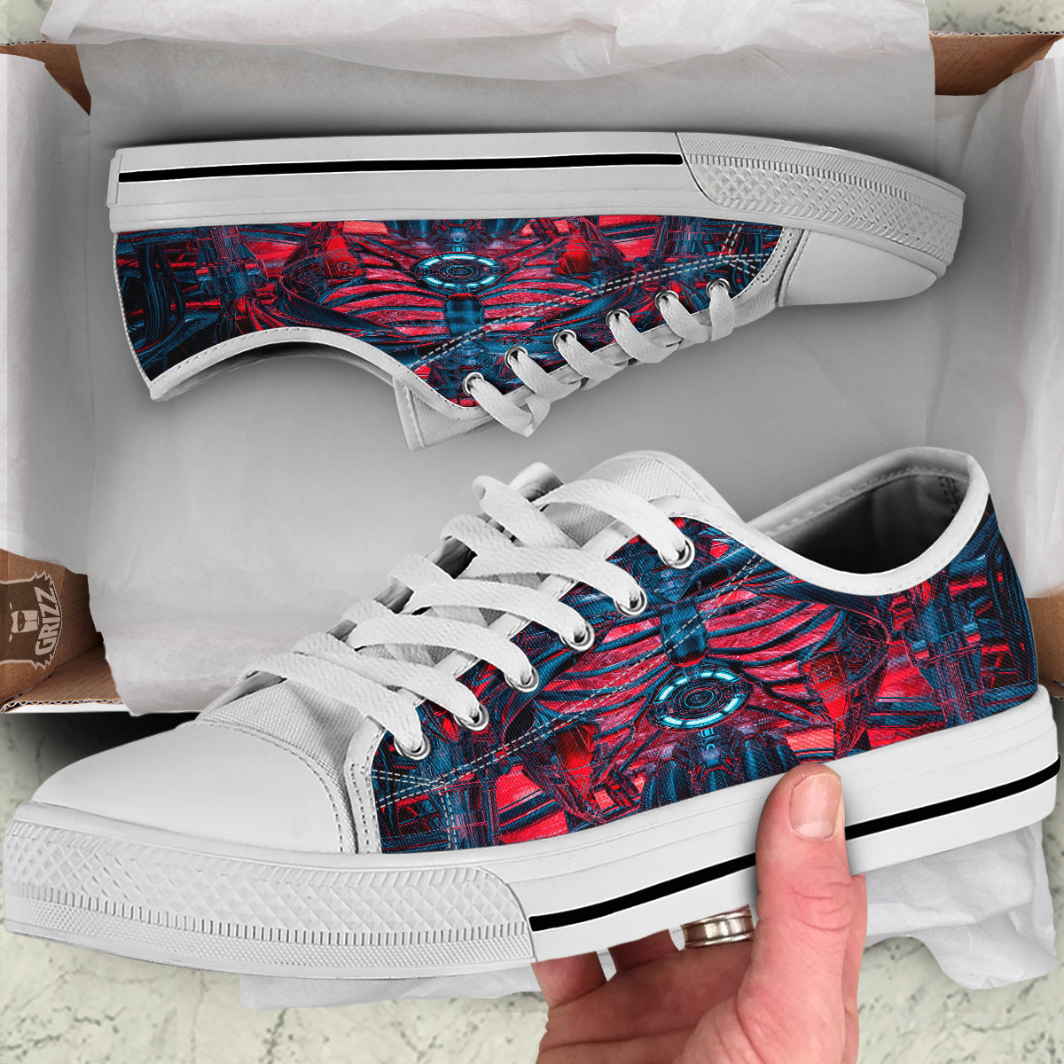 Red Robot Cyberpunk Print White Low Top Shoes-grizzshop