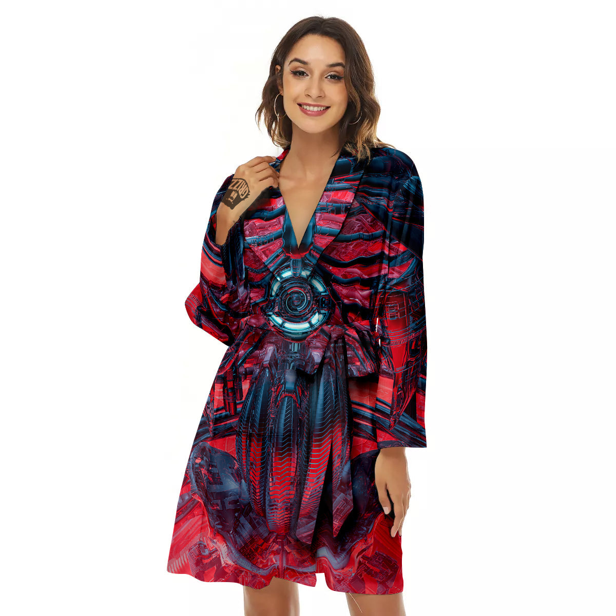 Red Robot Cyberpunk Print Women's Robe-grizzshop
