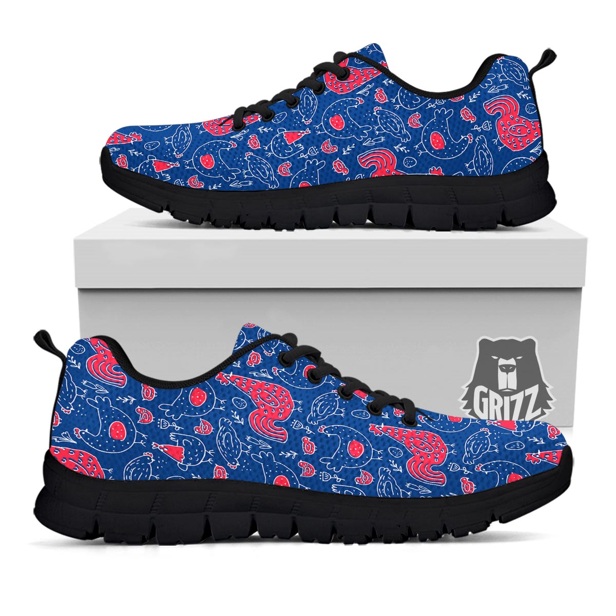 Red Rooster Blue Print Pattern Black Sneaker-grizzshop