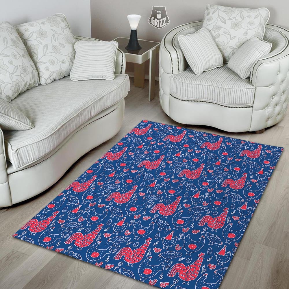 Red Rooster Blue Print Pattern Floor Mat-grizzshop