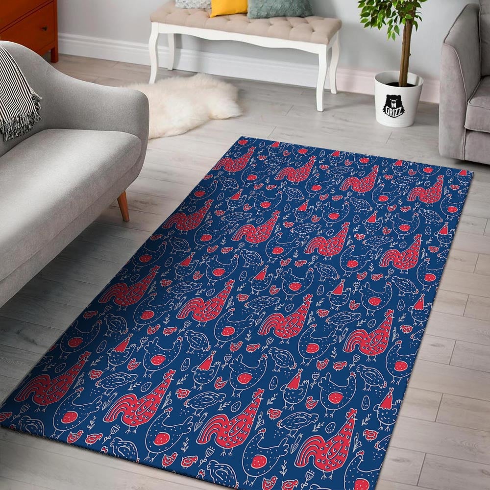 Red Rooster Blue Print Pattern Floor Mat-grizzshop