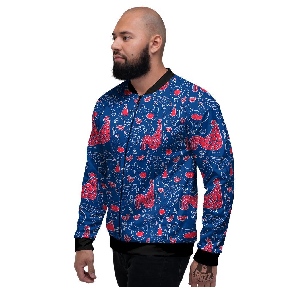 Red Rooster Blue Print Pattern Men's Bomber Jacket-grizzshop