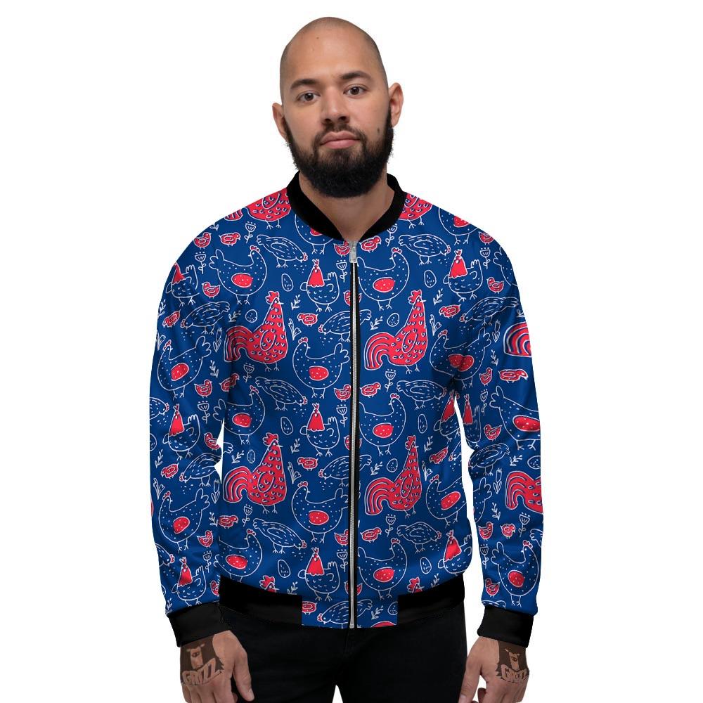 Red Rooster Blue Print Pattern Men's Bomber Jacket-grizzshop