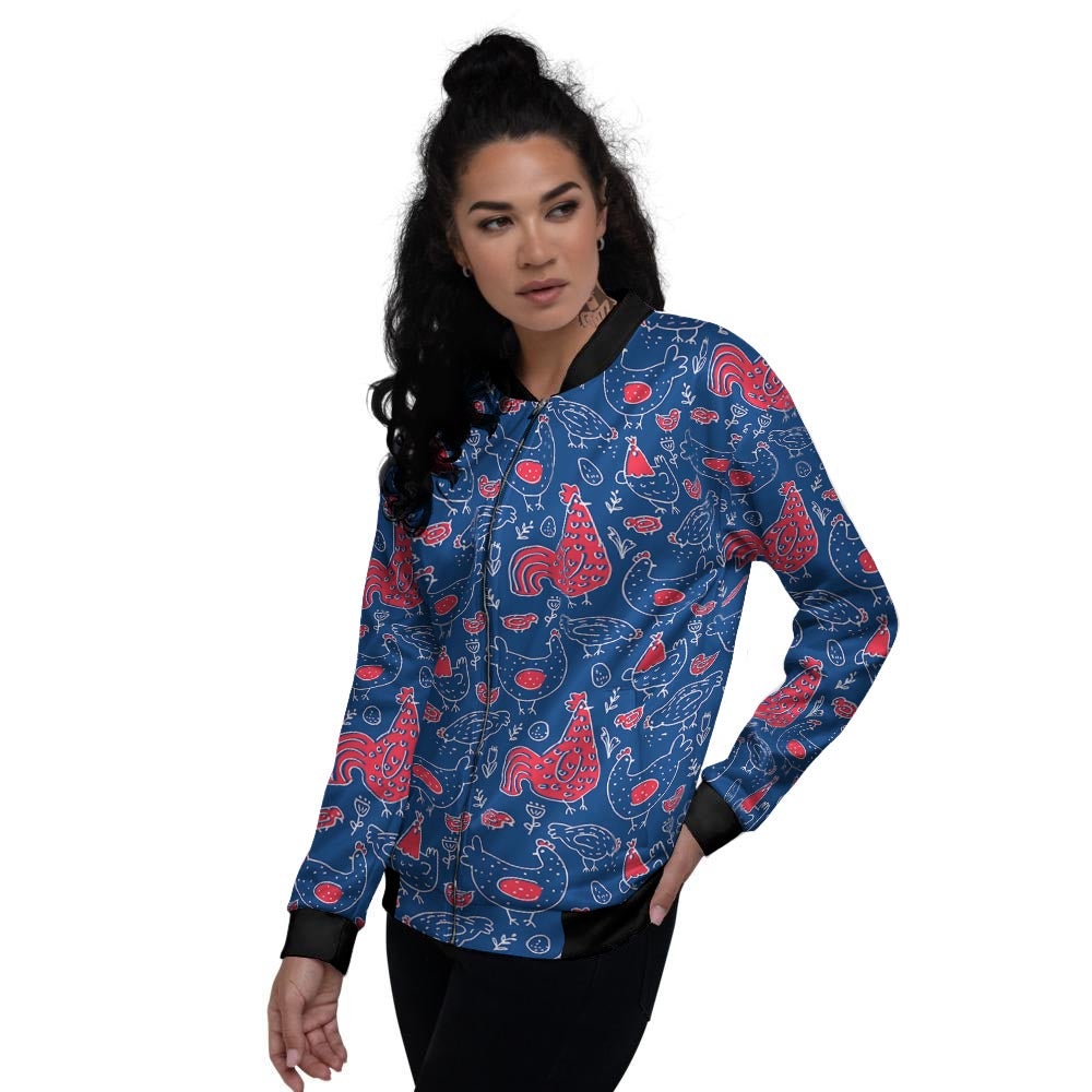 Red Rooster Blue Print Pattern Women's Bomber Jacket-grizzshop