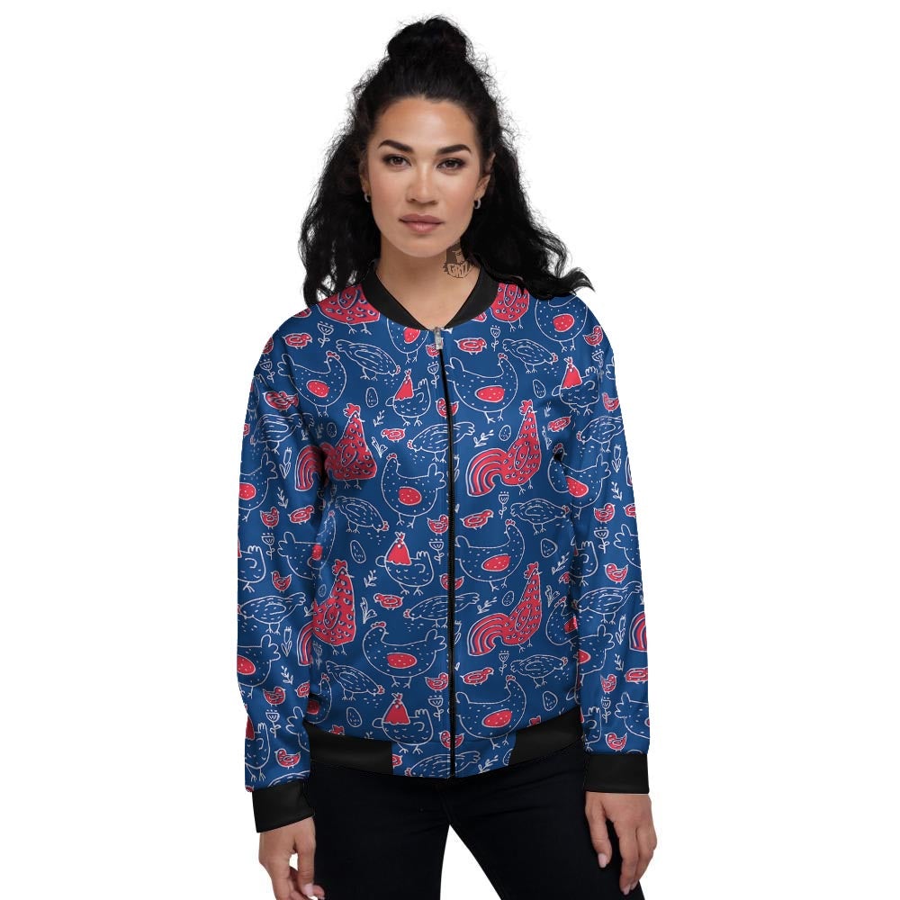 Red Rooster Blue Print Pattern Women's Bomber Jacket-grizzshop