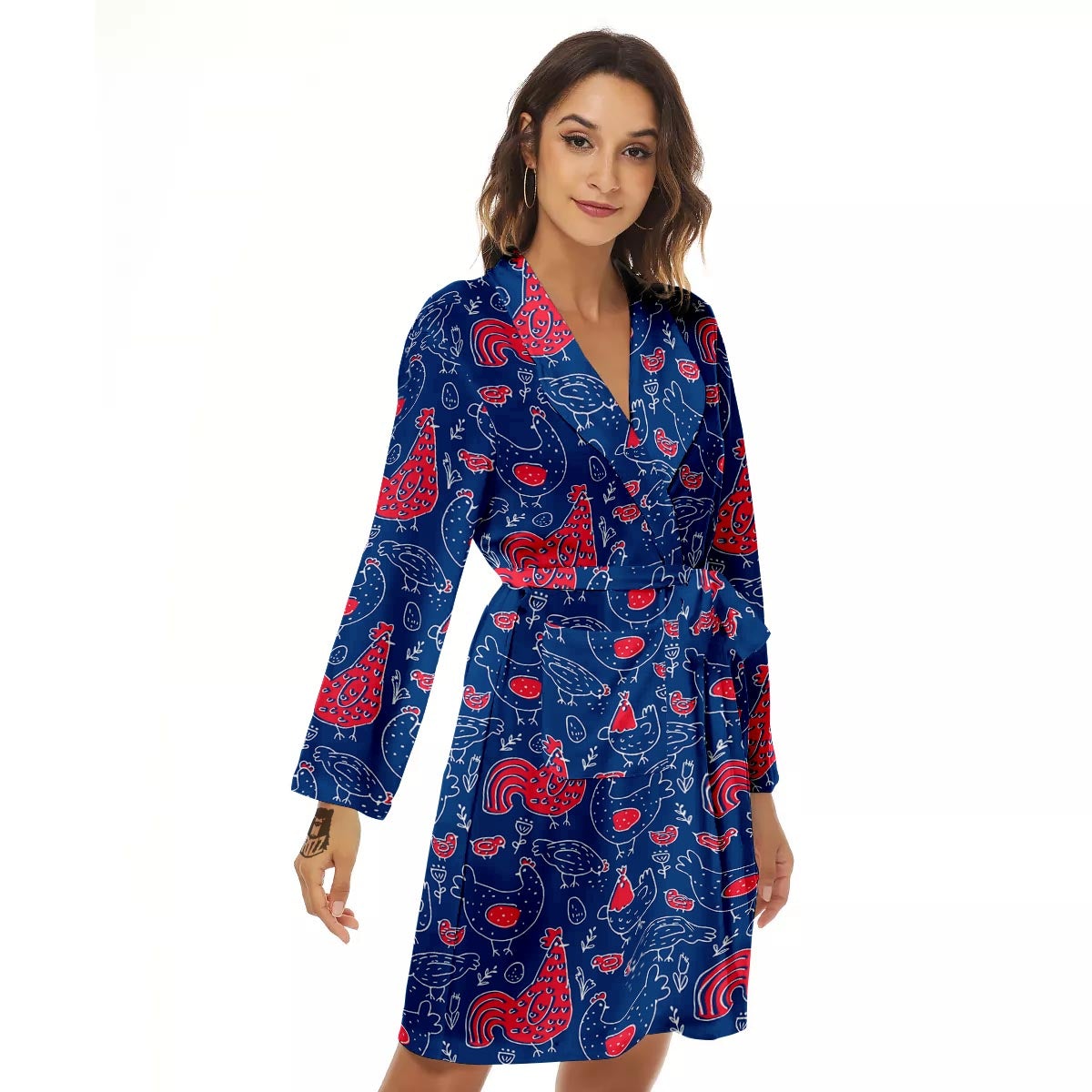 Red Rooster Blue Print Pattern Women's Robe-grizzshop