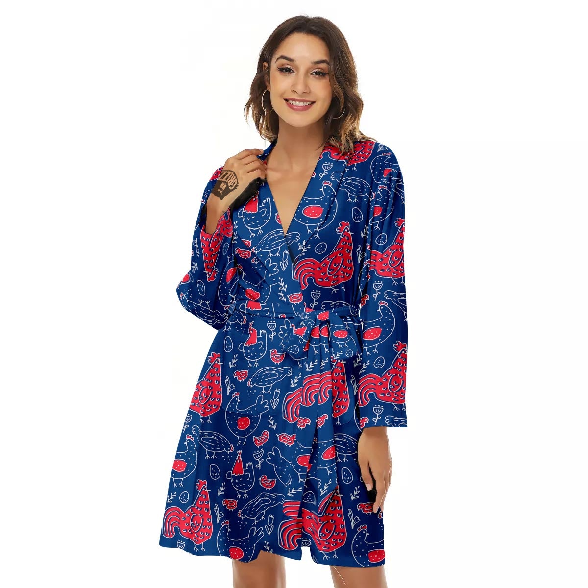 Red Rooster Blue Print Pattern Women's Robe-grizzshop