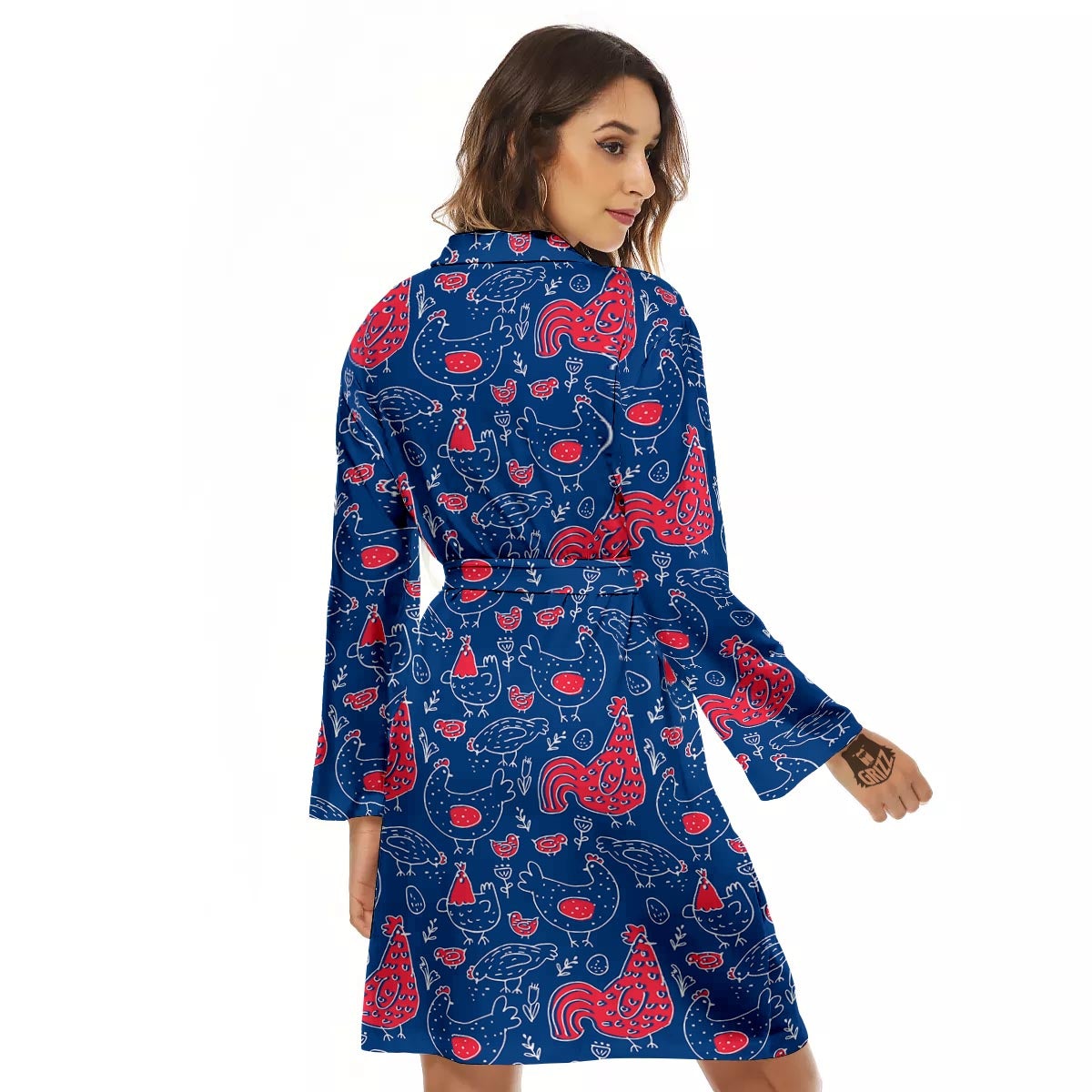 Red Rooster Blue Print Pattern Women's Robe-grizzshop