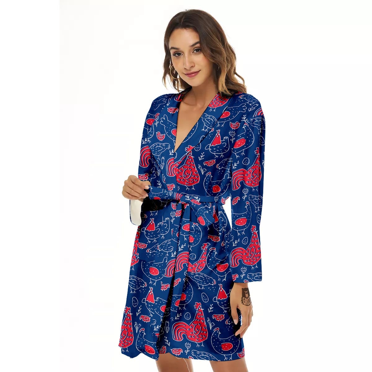 Red Rooster Blue Print Pattern Women's Robe-grizzshop