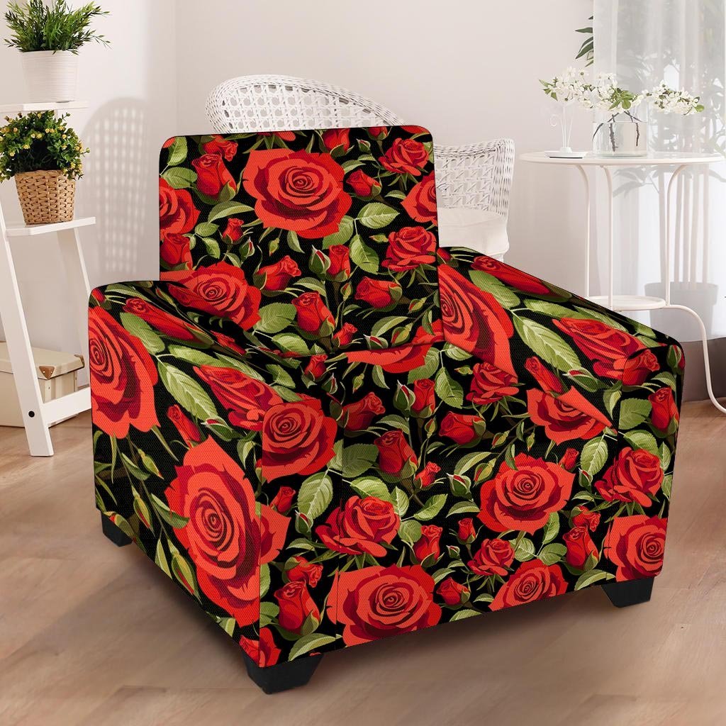 Red Rose Floral Armchair Cover-grizzshop