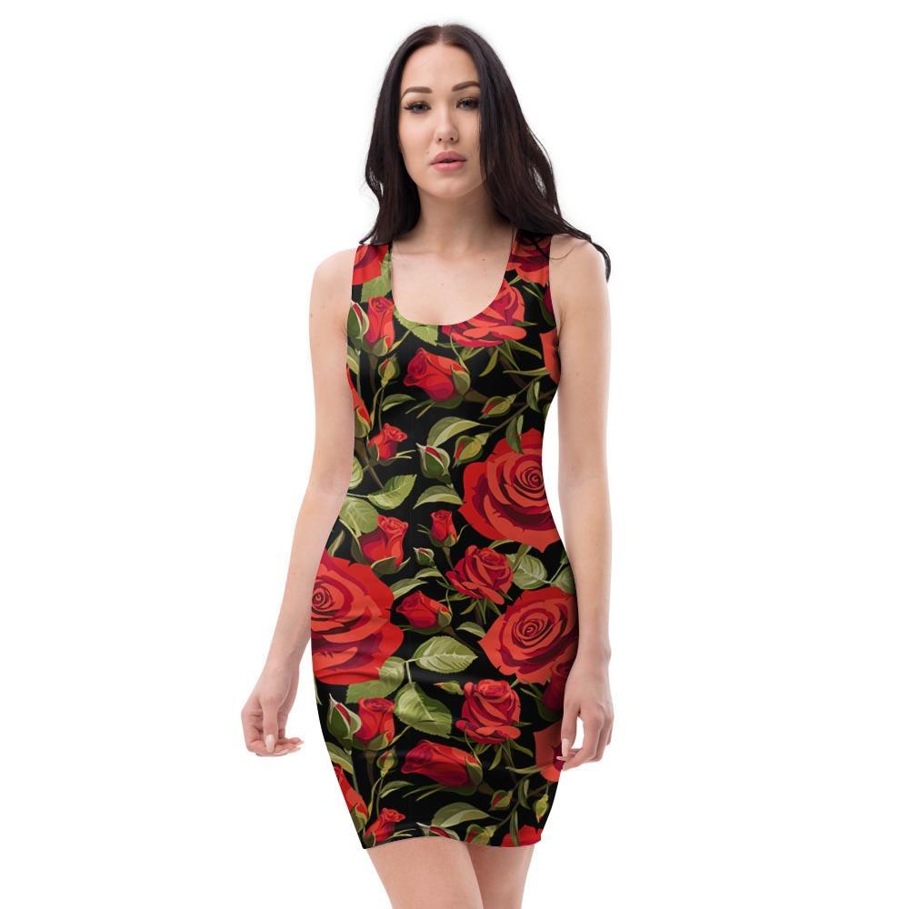 Red Rose Floral Bodycon Dress-grizzshop