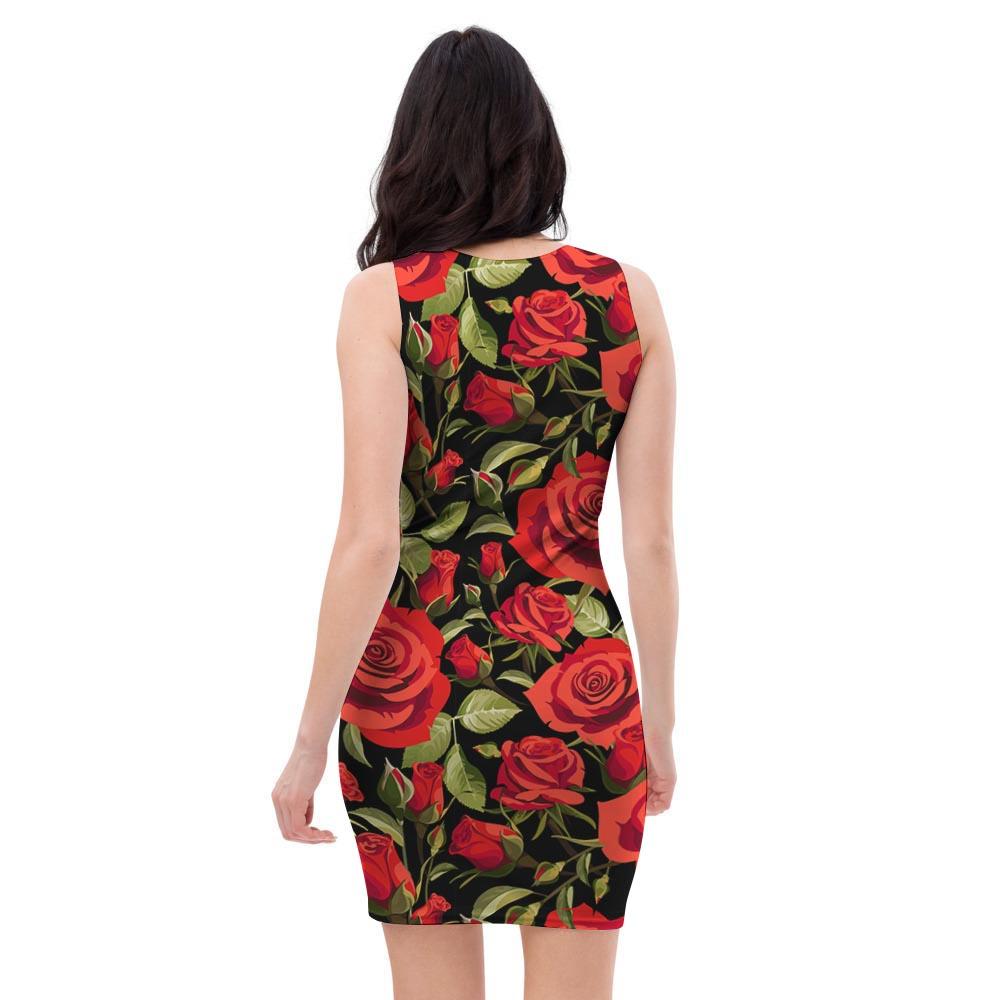Red Rose Floral Bodycon Dress-grizzshop