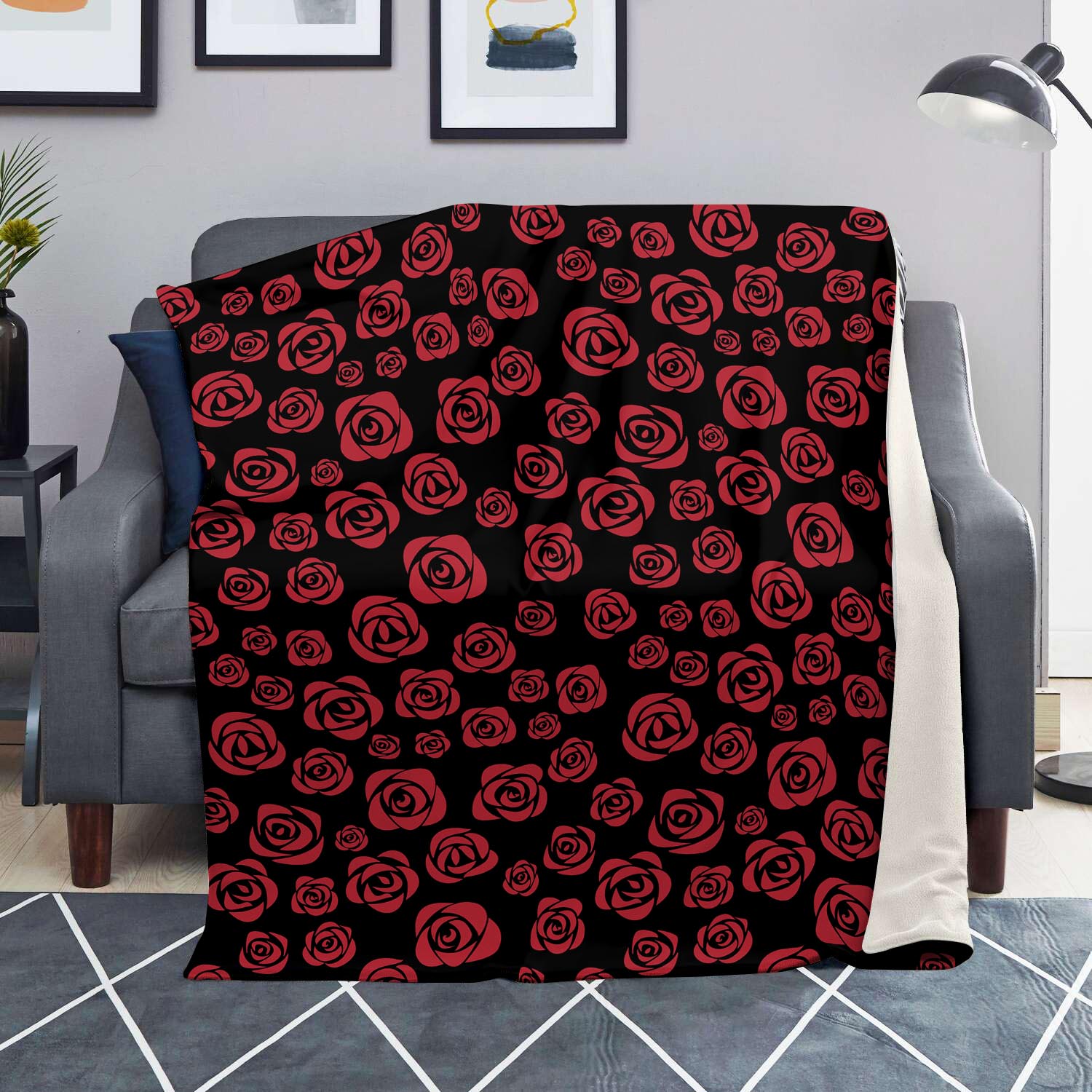 Red Rose Floral Doodle Blanket-grizzshop