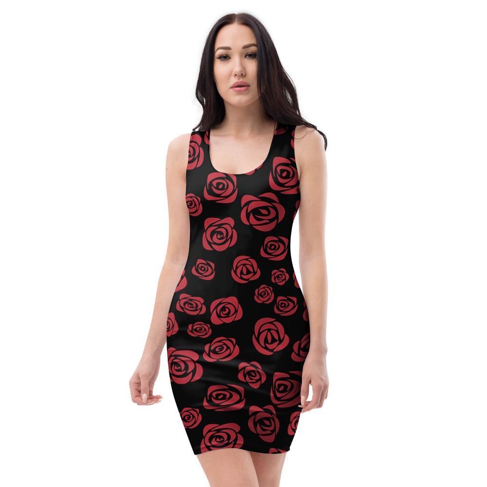 Red Rose Floral Doodle Bodycon Dress-grizzshop