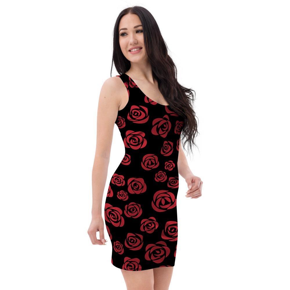 Red Rose Floral Doodle Bodycon Dress-grizzshop