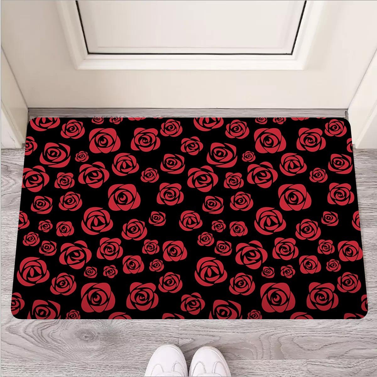 Red Rose Floral Doodle Door Mat-grizzshop