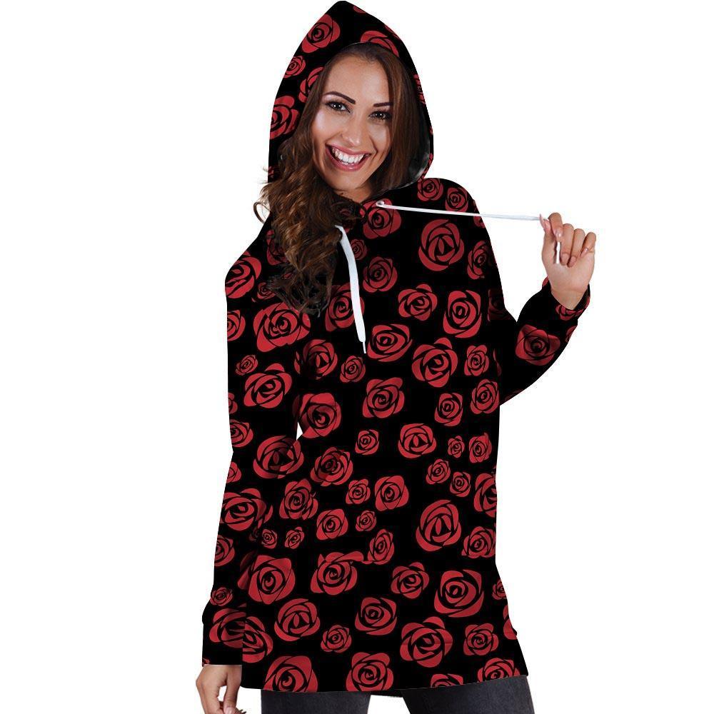 Red Rose Floral Doodle Hoodie Dress-grizzshop