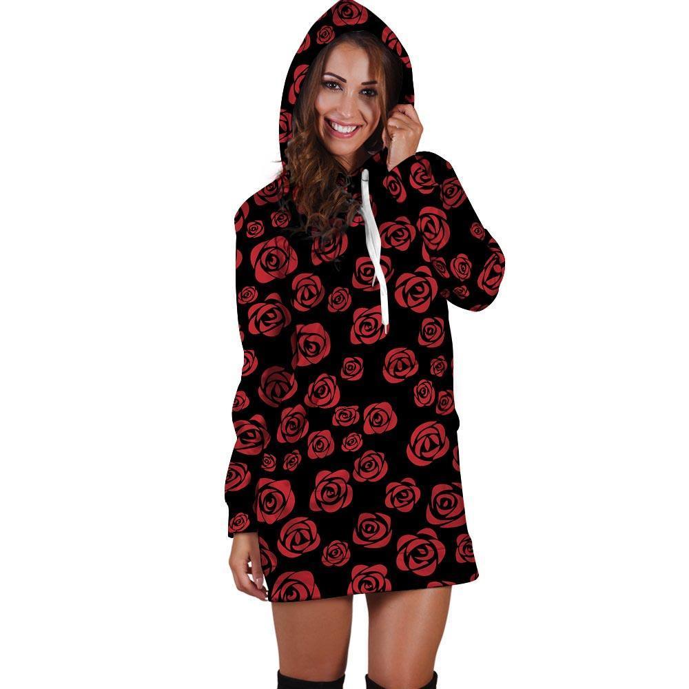 Red Rose Floral Doodle Hoodie Dress-grizzshop