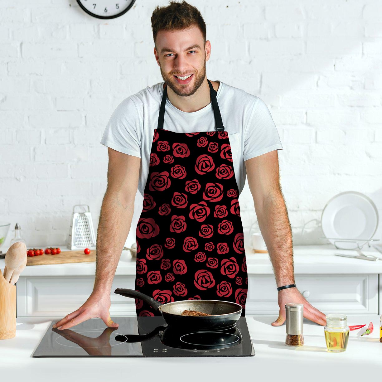 Red Rose Floral Doodle Men's Apron-grizzshop