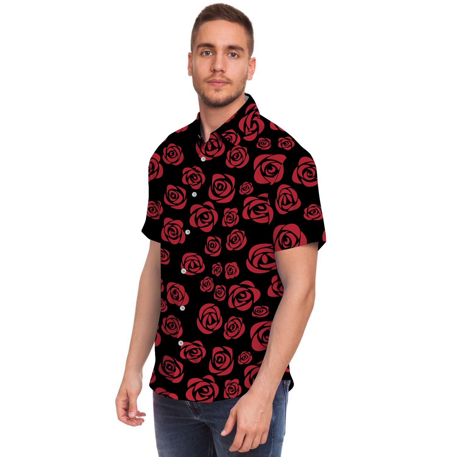 Red Rose Floral Doodle Men's Short Sleeve Shirt-grizzshop