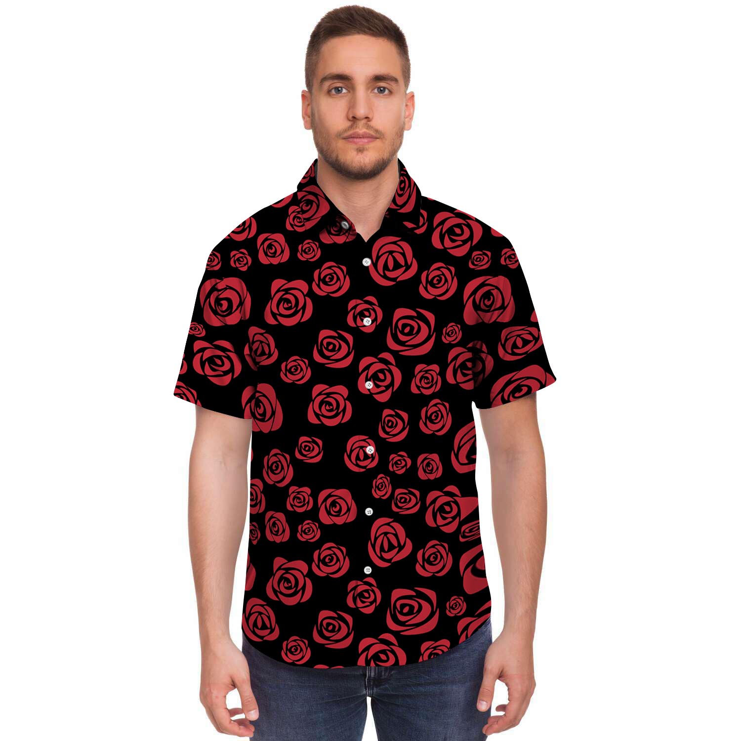 Red Rose Floral Doodle Men's Short Sleeve Shirt-grizzshop
