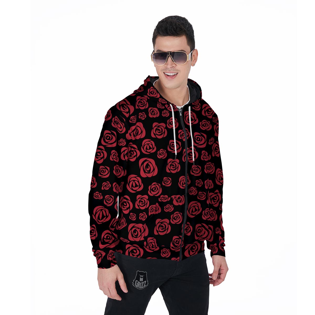 Red Rose Floral Doodle Men's Zip Up Hoodie-grizzshop