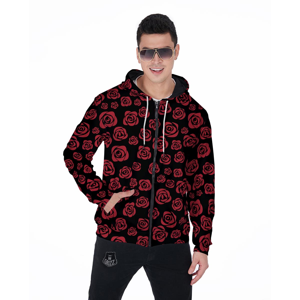 Red Rose Floral Doodle Men's Zip Up Hoodie-grizzshop