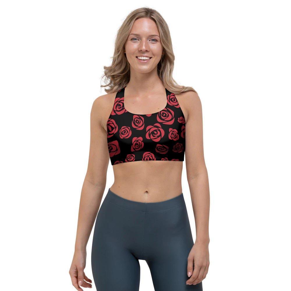 Red Rose Floral Doodle Sports Bra-grizzshop