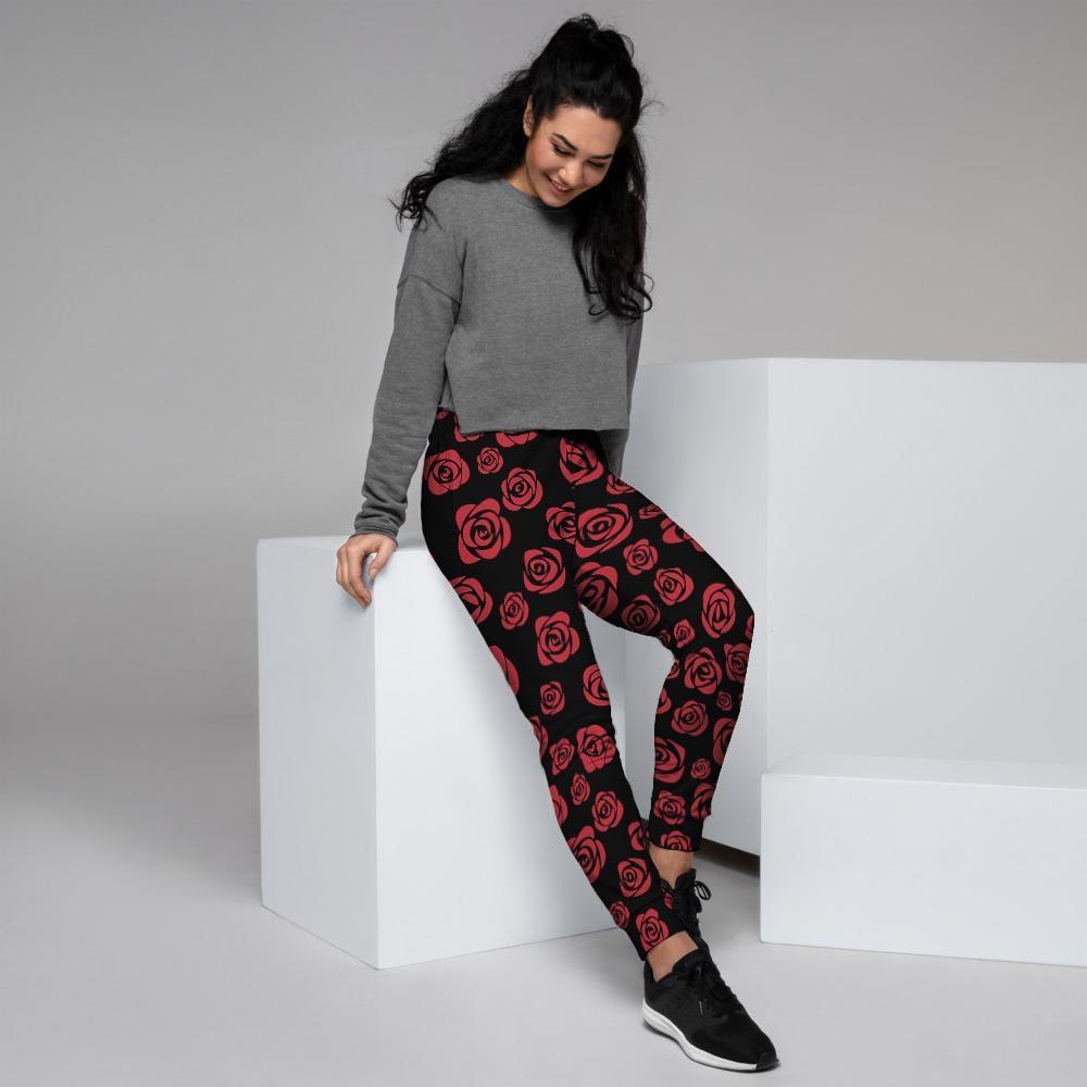 Red Rose Floral Doodle Women's Joggers-grizzshop