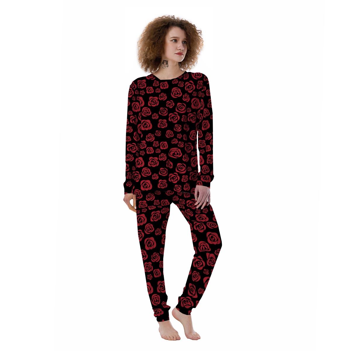 Red Rose Floral Doodle Women's Pajamas-grizzshop